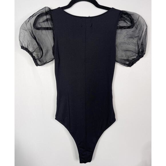 Princess Polly Size 2 Black Puff Sleeve Bodysuit Square Neckline Sheer Stretch - Picture 2 of 12